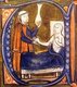 Iran / France: European depiction of the Persian (Iranian) doctor Al-Razi, in Gerardus Cremonensis 'Recueil des traités de médecine' 1250-1260. A surgeon (left) holds the matula, a vessel for collecting the urine